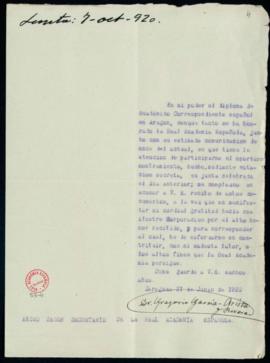 Carta de Gregorio García-Arista al secretario en la que acusa recibo del diploma de académico cor...