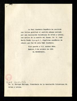 Copia sin firma del oficio del secretario [Alonso Zamora Vicente] a Enrique Noriega, presidente d...