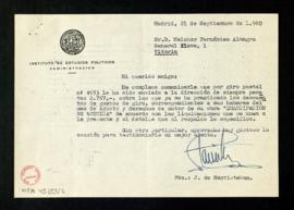 Carta de J. de Santisteban a Melchor Fernández Almagro en la que le informa del envío por giro po...