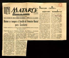 Recorte del diario Mataró con la noticia titulada Nuevas calles, nuevos nombres, en la que figura...