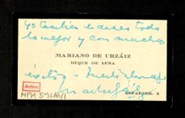 Tarjeta de Mariano de Urzáiz, duque de Luna, a Melchor Fernández Almagro