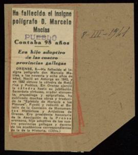 Recorte del diario Pueblo con la noticia Ha fallecido el insigne polígrafo D. Marcelo Macías
