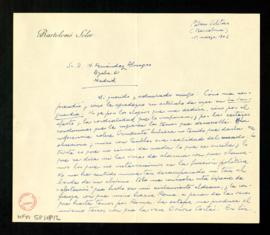 Carta de Bartolomé Soler a Melchor Fernández Almagro en la que expresa su agradecimiento por su a...