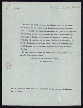 Copia del oficio del secretario a Porfirio Díaz Machicao de traslado de la felicitación de la jun...
