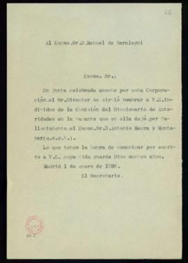 Copia sin firma del oficio del secretario [Emilio Cotarelo] a Manuel de Saralegui de comunicación...