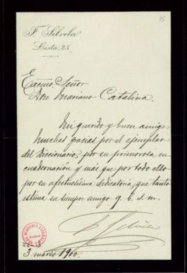 Carta de F[rancisco] Silvela al secretario, Mariano Catalina, de agradecimiento por la remisión d...