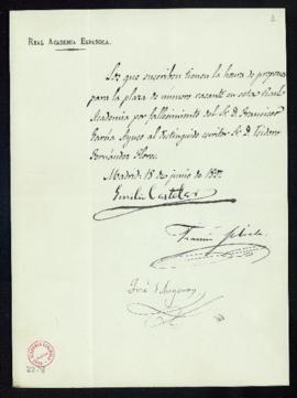 Propuesta de Emilio Castelar, Francisco Silvela y José Echegaray de la candidatura de Isidoro Fer...