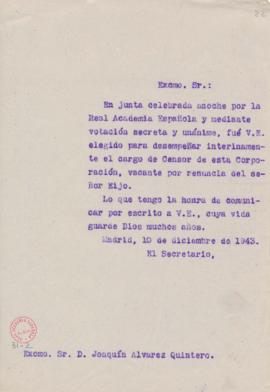 Minuta del oficio del secretario a Joaquín Álvarez Quintero de traslado de su nombramiento como c...