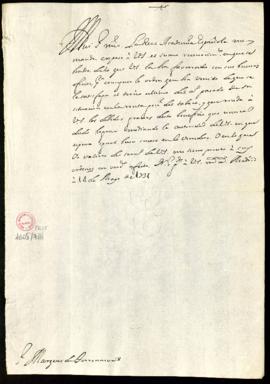 Minuta de la carta [de Vincencio Squarzafigo] al marqués de Torrenueva en la que le agradece, en ...