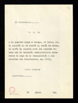 Copia del besalamano de Julio Casares a Agustín G. de Amezúa que acompaña la nota del acuerdo alc...