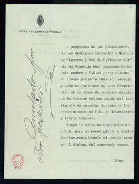 Minuta del oficio del secretario a Ramón Otero Pedrayo de traslado de su nombramiento como académ...