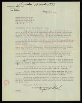 Carta de Enrique M. Sobral, secretario de la Academia Mexicana, a Emilio Cotarelo y Mori, con la ...