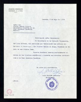 Carta de Luis Beltrán Guerrero, secretario de la Academia Venezolana, a Alonso Zamora Vicente, se...