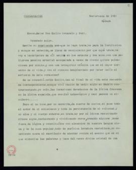 Copia mecanografiada de la carta de Salvador Rueda a Emilio Cotarelo en la que le ofrece sus razo...