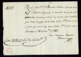 Recibo de Juan Crisóstomo Ramírez Alamanzón de 15 559 reales de vellón para hacer los pagos de la...