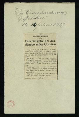 Recorte del diario La Correspondencia Militar de 14 de febrero de 1927, con la noticia del fallec...