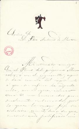 Carta del duque de Tetuán a Pedro Antonio de Alarcón para que vote en el pleno a favor del asunto...