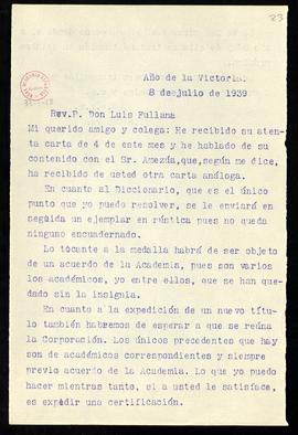 Copia sin firma de la carta de Julio Casares a Luis Fullana en la que le indica que le va a envia...
