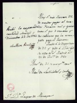 Orden de Manuel de Lardizábal del pago a Matías Ricarte de 1500 reales de vellón por el estampado...