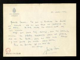 Carta de José María Pemán a Julio Casares en la que le comunica que no podrá asistir a la junta d...
