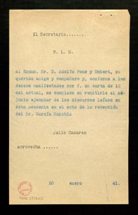 Copia del besalamano de Julio Casares a Adolfo Pons y Umbert que acompaña los ejemplares de los d...