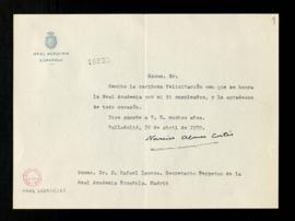 Carta de Narciso Alonso Cortés a Rafael Lapesa, secretario de la Real Academia Española, en la qu...