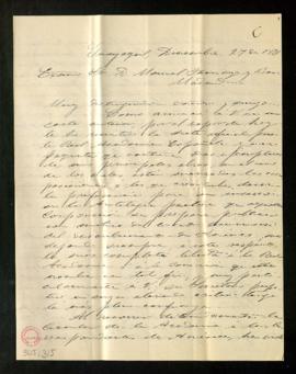 Carta de Numa P. Llona a Manuel Tamayo y Baus en la que indica que ha enviado por barco un paquet...