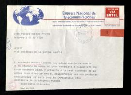 Telegrama de Miron Nicolescu, presidente de la Academia Rumana, a la Real Academia Española en el...