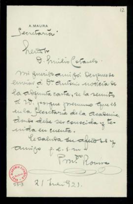 Carta de Prudencio Rovira a Emilio Cotarelo con la que le remite una carta que considera que debe...