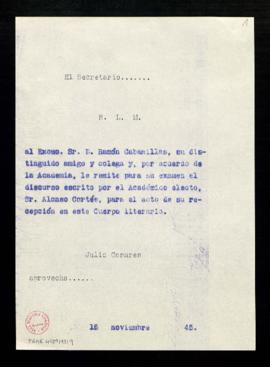 Copia sin firma del besalamano de Julio Casares a Ramón Cabanillas con el que le remite, para su ...
