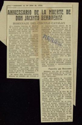 Recorte de prensa con el título Aniversario de la muerte de don Jacinto Benavente