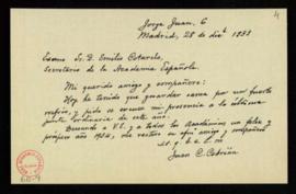 Carta de Juan C. Cebrián a Emilio Cotarelo en la que le pide que excuse su asistencia a la junta ...