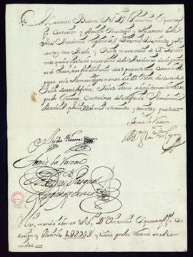 Orden de Juan de Ferreras del abono a favor de Vincencio Squarzafigo de 1293 reales de vellón por...