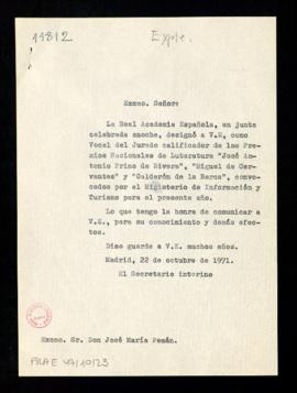 Copia sin firma del oficio del secretario interino [Alonso Zamora Vicente] a José María Pemán de ...