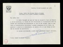 Carta de Ramón Fernández Escacha a Alonso Zamora Vicente, secretario, en la que excusa la asisten...