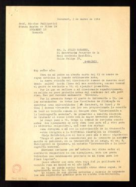 Carta de Nicolae Philipovici a Julio Casares en la que le informa de las fechas de publicación de...