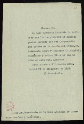 Copia sin firma del oficio del secretario [Emilio Cotarelo] al secretario de la Real Academia de ...