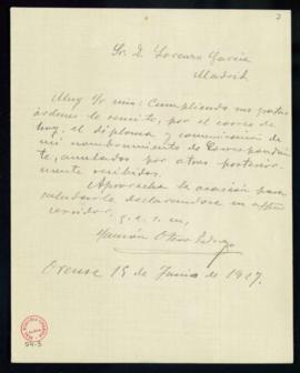 Carta de Ramón Otero Pedrayo a Lorenzo García con la que remite el nombramiento y el diploma exte...