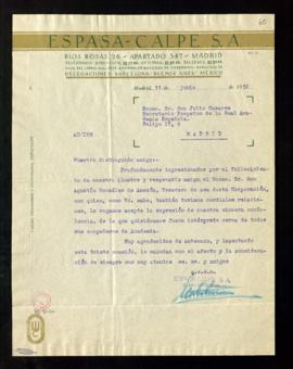 Carta de pésame del director general de Espasa Calpe a Julio Casares por el fallecimiento de Agus...