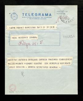 Telegrama de pésame de Ramón Aramón, secretario del Instituto de Estudios Catalanes, a la Academi...