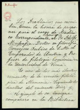 Propuesta firmada por el marqués de Valmar [Leopoldo Augusto de Cueto], el duque de Rivas [Enriqu...