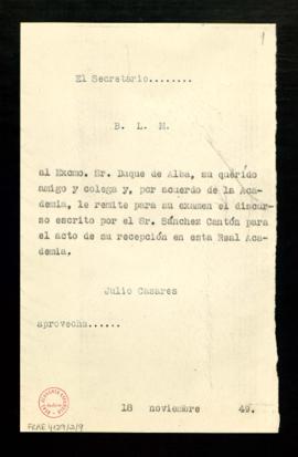 Copia sin firma del besalamano de Julio Casares, secretario, al duque de Alba con el que le remit...