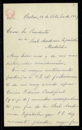 Carta de Elisa Hickling, viuda de Carlos Federico Bradford, al director [el conde de Cheste] de c...