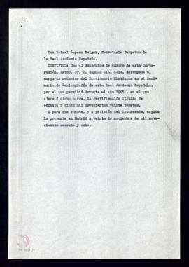 Copia sin firma de la certificación del secretario perpetuo de la Real Academia Española, Rafael ...