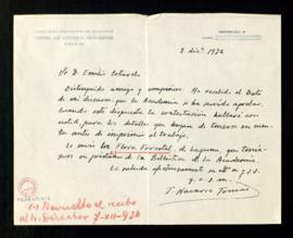 Carta de Tomás Navarro Tomás a Emilio Cotarelo en la que le dice que ha recibido su discurso apro...