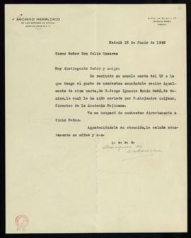 Carta del marqués de Ciadoncha [José de Rújula y Ochotorena] a Julio Casares en la que acusa reci...