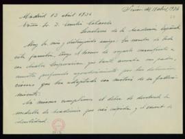 Carta de Alfonso Cano [Orozco], a Emilio Cotarelo, secretario, en la que agradece a la Academia l...