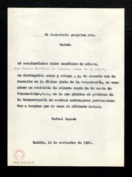 Copia sin firma del saluda de Rafael Lapesa, secretario, a Carlos Martínez de Campos, duque de la...