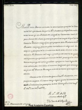 Carta del conde del Águila a Francisco Antonio de Angulo de acuse de recibo de la que le envió pi...
