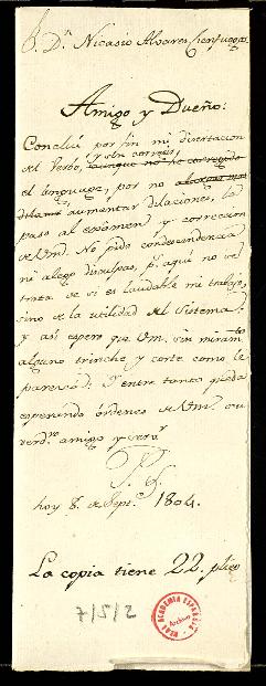 Carta de Pedro de Silva a Nicasio Álvarez Cienfuegos con la que le remite su disertación sobre el...